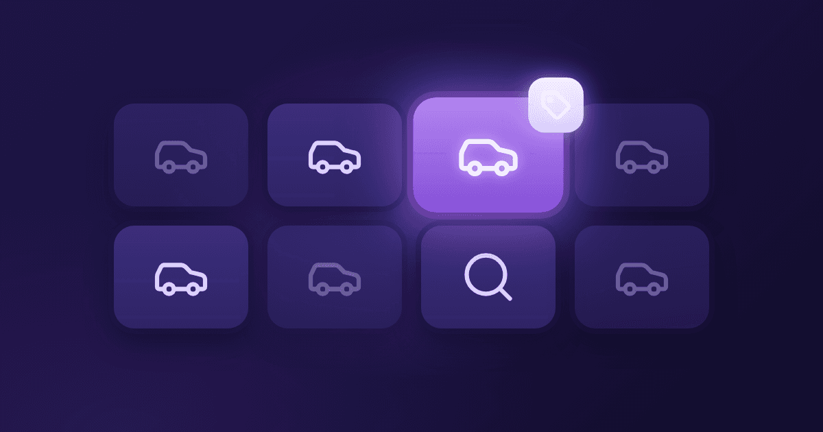Abstract artwork of eight car listing tiles on a deep indigo background, one glowing violet with a price tag badge, and a magnifying glass tile below it
