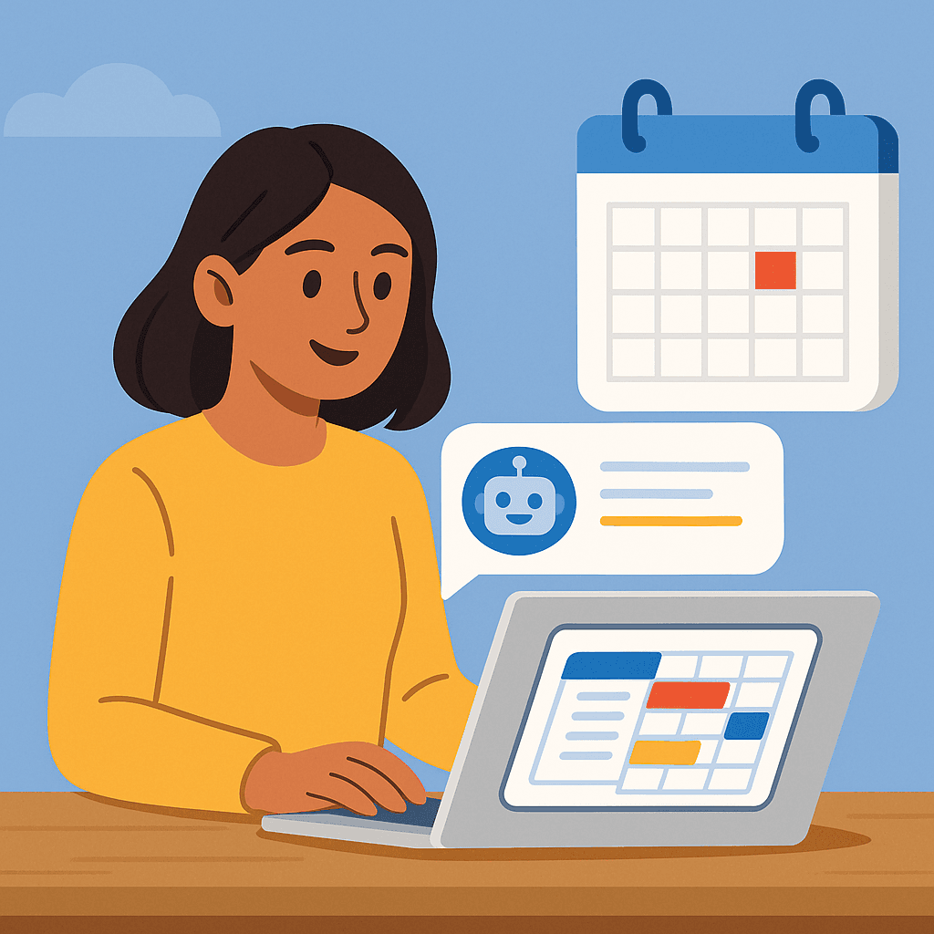 A person using a laptop with a chatbot and calendar displayed, suggesting scheduling or planning.