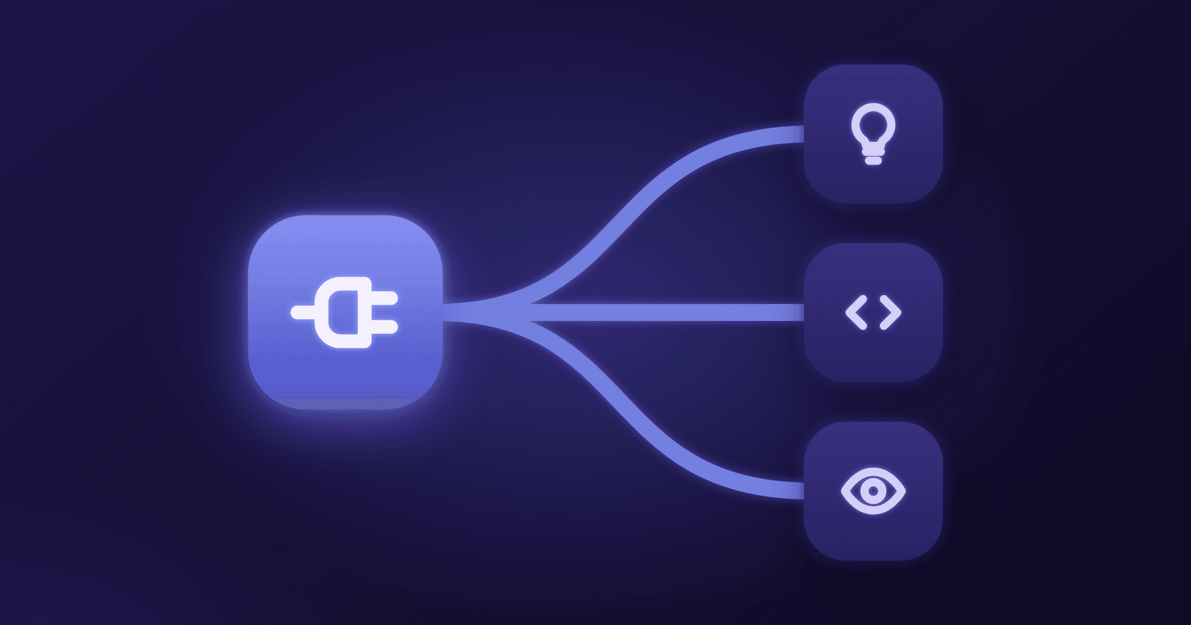 OpenRouter API base URL and OpenAI-compatible endpoints Abstract artwork of a glowing plug tile on a deep indigo background, with three curved connectors fanning out to model tiles marked with lightbulb, code and eye icons
