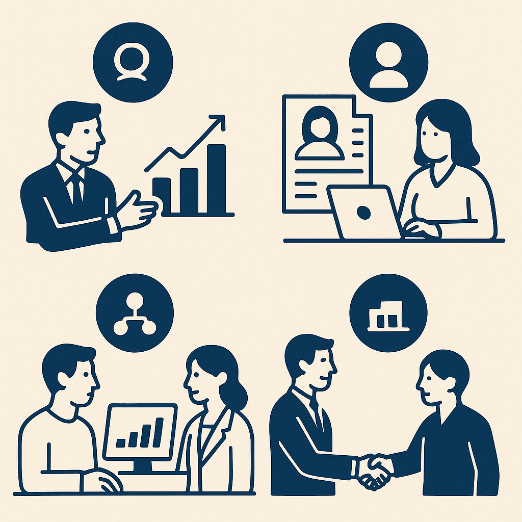 Sales infographic Illustration of business concepts: growth chart, profile review, teamwork discussion, and handshake, each represented by pairs of people.