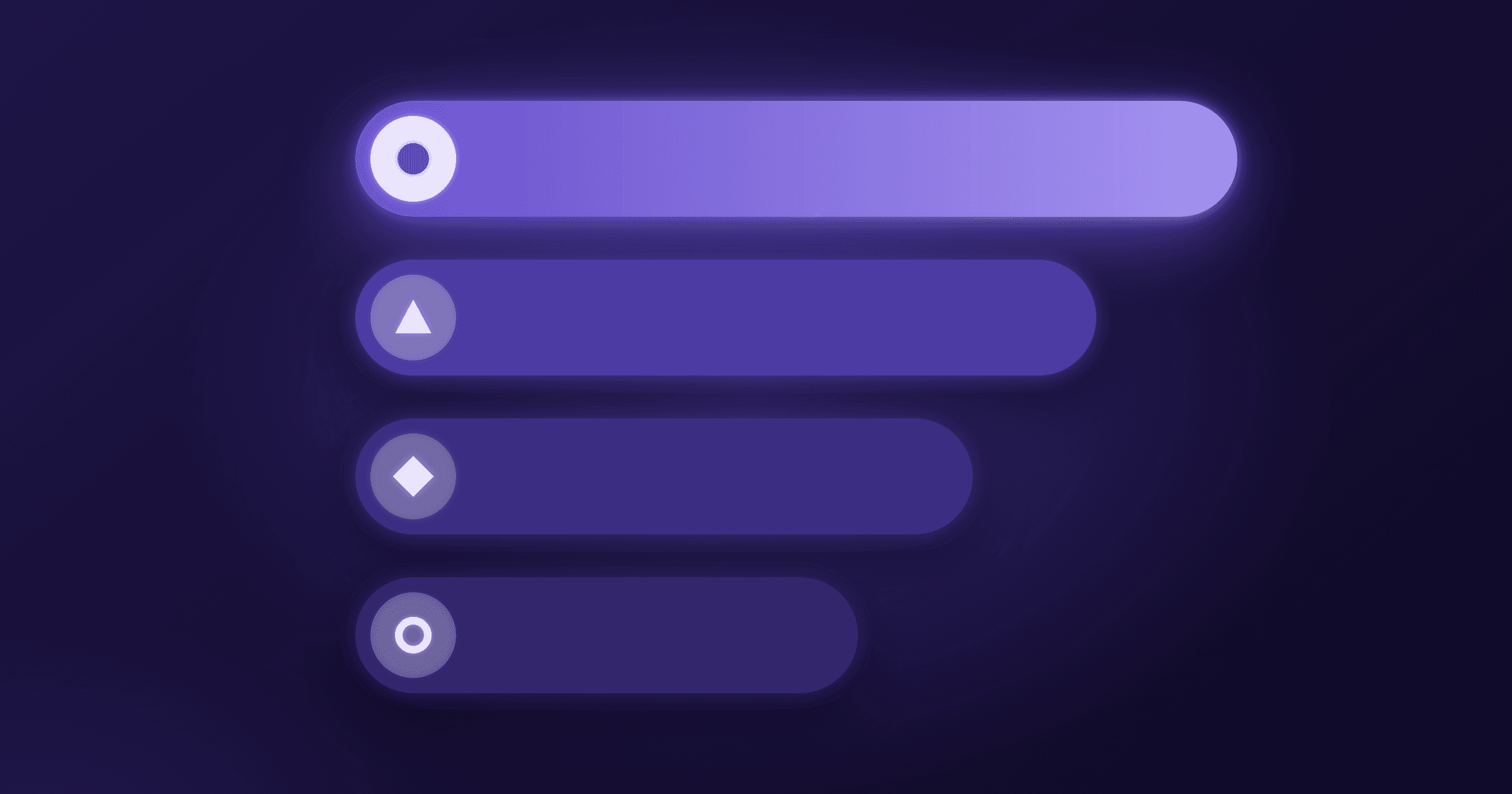 Frontier AI Models in 2026: The Current Lineup Compared Abstract artwork of four ranked horizontal bars of decreasing length on a deep indigo background, each marked with a simple geometric icon, the top bar glowing violet