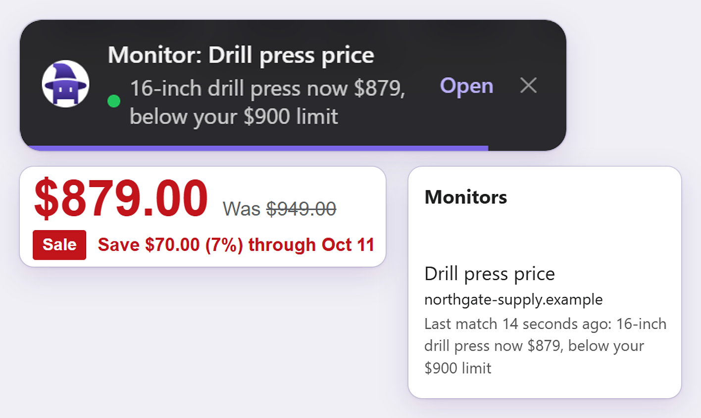 A BrowseWiz monitor alert saying a drill press dropped to $879, below a $900 limit, and the monitor's row in the BrowseWiz drawer with its last match