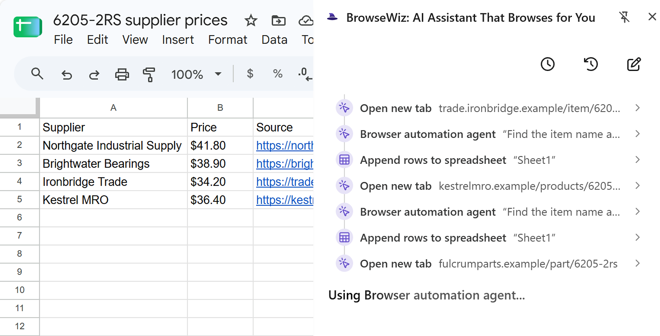 A Google Sheet of bearing prices filling in with each supplier's price and source link, next to the BrowseWiz side panel working through the supplier pages one by one